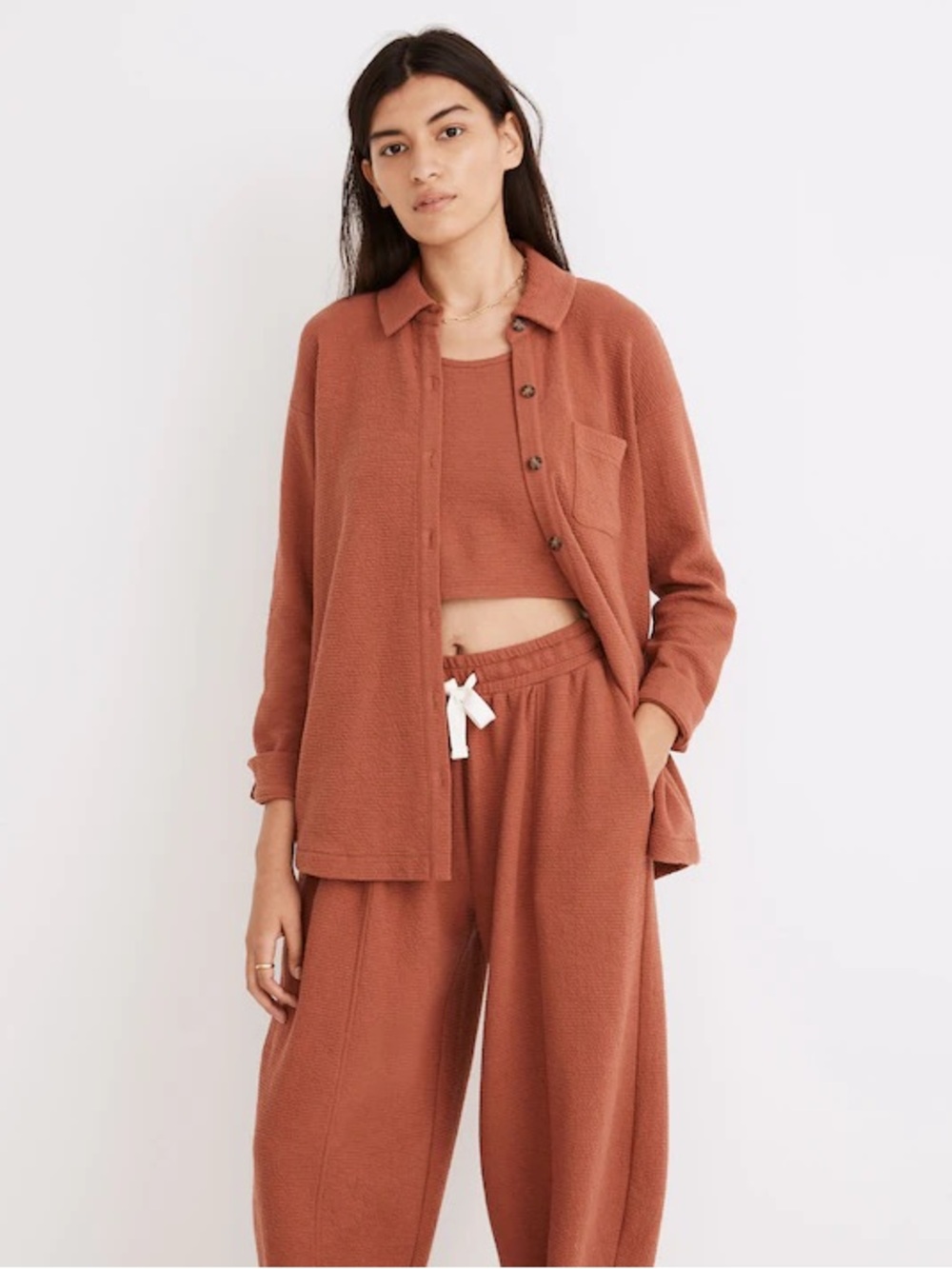 Madewell Textural Knit Shirt Jacket Shacket in Clay Red Orange Gauze Large